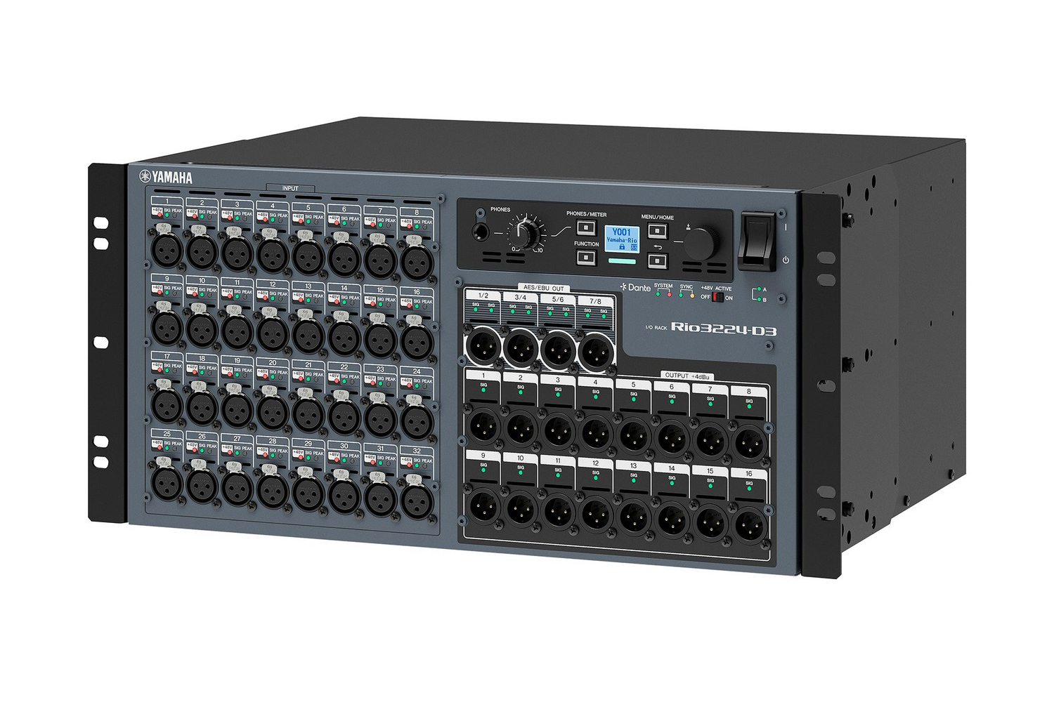 Конвертор Yamaha [RIO3224-D3 //E] многоканальный цифр.: 32 аналоговых входа и 16 выходов (XLR), 8 цифровых выходов (AES/EBU). Dante (etherCON)